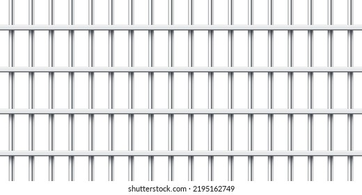 Realistic metal prison bars isolated on white background. Detailed jail cage, prison iron fence. Criminal background mockup. Creative vector illustration.