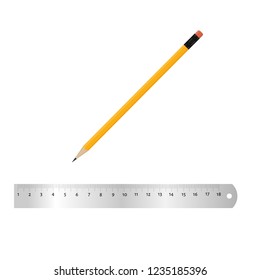 Realistic metal ruler 18 centimeters and metal ruler 7 inches. Pencil. Measuring tool. School supplies. Vector illustration
