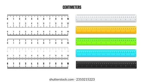 Realistic metal rulers with black centimeter scale for measuring length or height. Various measurement scales with divisions. Ruler, tape measure marks, size indicators. Vector illustration