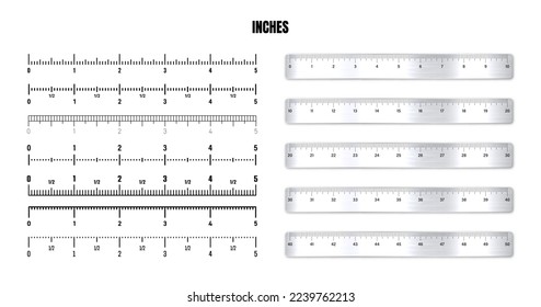 Realistic metal rulers with black inch scale for measuring length or height. Various measurement scales with divisions. Ruler, tape measure marks, size indicators. Vector illustration