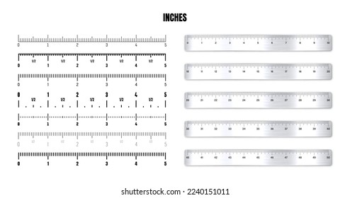 Realistic metal rulers with black inch scale for measuring length or height. Various measurement scales with divisions. Ruler, tape measure marks, size indicators. Vector illustration