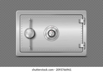 Realistic metal safe with closed door. Armored safe box vector illustration.
