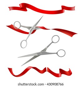 Realistic metal scissors for grand opening inauguration event with red ribbon cutting public ceremony image vector illustration 