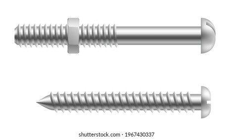 Realistic metal screws. Construction hardware objects for fixing, repairing and construction isolated on white background. 3d vector illustration