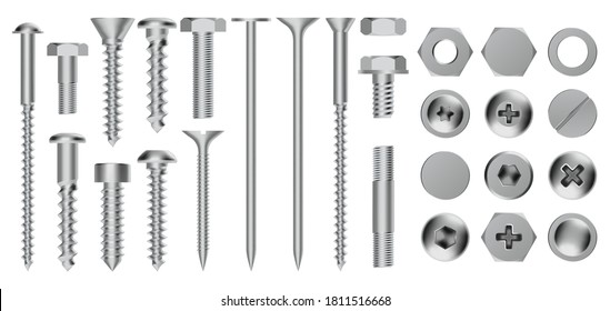 Realistic metal screws. Construction steel screw, hex cap nuts, rivets and bolts, drywall metal fastening vector illustration icons set. Hardware objects for fixing, repairing and construction