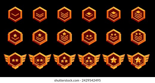 Conjunto de metal realista de insignia de rango de juego aislado en el fondo. Ilustración vectorial de medallas hexagonales doradas decoradas con estrellas y alas. Símbolo de logro, premio a la victoria, emblema del trofeo.