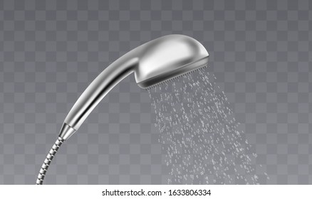 Realistic metal shower head with water flowing down the nozzle - isolated hand held bathroom device on transparent background. Modern standard bathroom fixture - vector illustration