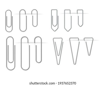 Realistic metal silver paper clips set isolated and attached on white background. Paperclips and binders for pages collection. 3d vector illustration