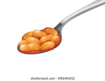 Realistic Metal Spoon Of Tinned Baked Beans In Tomato Sauce Vector Illustration