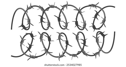 Realistic Metal Steel Barbed Wire Elements Vector Illustration.	