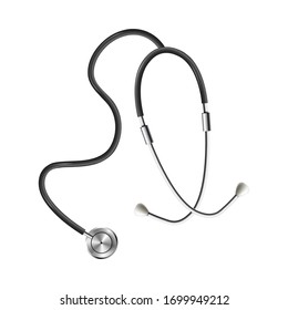 Realistic metal stethoscope - medical equipment for cardiology diagnosis. Doctor's checkup tool isolated on white background - vector illustration of diagnostic device.