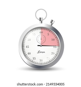 Realistic metal stopwatch for sport, fifteen seconds have passed, vector illustration isolated on white background. Pink sector, arrow. Equipment for measure time