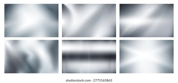 Realistic metal texture set with industrial finish and light reflection. Vector brushed and polished surfaces backdrops. Presentation or automotive theme, construction branding or digital interface