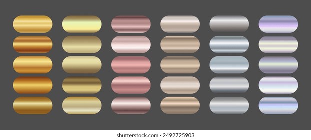 Realistic metal textures gold, rose gold, silver, bronze. Vector set of metallic gradients.