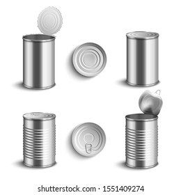 Realistic metal tin can set from side and top view open and closed isolated on white background - food preserve containers with shiny aluminium steel texture, vector illustration