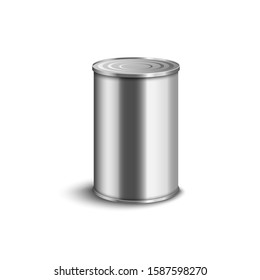 Realistic metal tin can with smooth silver surface isolated on white background - metallic food preserve container for packaging template, vector illustration