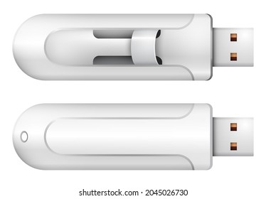 Unidad flash USB de metal realista, tarjeta de memoria USB. Almacenamiento de información sobre medios extraíbles. Vector 3D realista aislado en fondo blanco