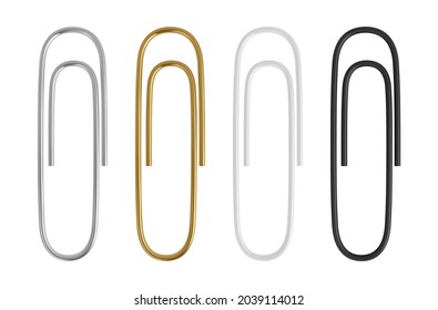 Realistic metal vector paper clips set. Golden, steel, white and black clips