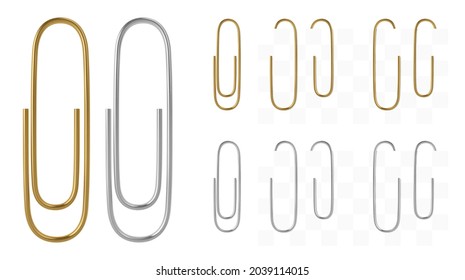 Realistic metal vector paper clips set. Golden and steel clips template