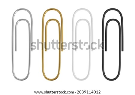 Realistic metal vector paper clips set. Golden, steel, white and black clips