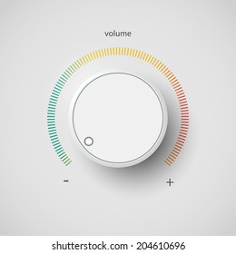 Realistic metal volume control panel tumbler. Music audio sound knob button minimum maximum level. Rotate switch interface stereo tuner isolated on white background. Design element Vector illustration