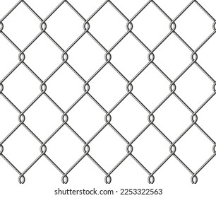 Realistic metal wire chain link fence seamless pattern. Steel lattice with rhombus, diamond shape. Grid fence background. Prison wire mesh seamless texture. Vector illustration on white background.