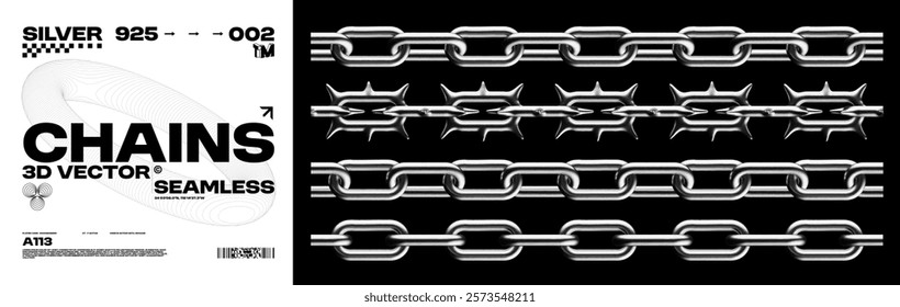 Realistic metallic 3D silver chains seamless. Vector set