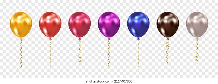 Realistic Metallic Balloon Set Isolated On Transparent Background. Flying Glossy Metallic Helium Air Balloons For Birthday, Event, Party, Celebrate Anniversary, Wedding. Vector Illustration