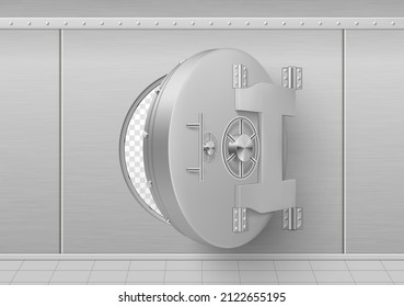 Realistic Metallic Bank Vault Semi Open Circle Door Vector Illustration. Banking Safe Metal Steel Round Gate Mechanism In Empty Bunker Room With Durable Walls. Storage For Gold, Treasure And Money