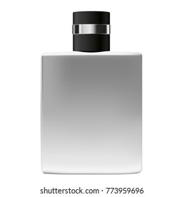 Realistic metallic bottle with black cap for perfume isolated on white background. Vector illustration. Metal flacon for essence template. Gradient mesh mockup object for fashion, beauty industry.