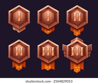 Realistic metallic bronze, cooper badge. Level game rank frame with ribbon set. High quality vector, light and shadows. Hexagon interface asset for rpg. Numbers and stars.