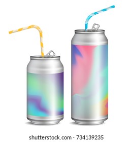 Realistic Metallic Cans Vector. Soft Drink. 3D Blank Aluminium Cans. Colorful Drinking Straws. Different Types. Good For Branding Design. 500, 300 ml. Isolated Illustration