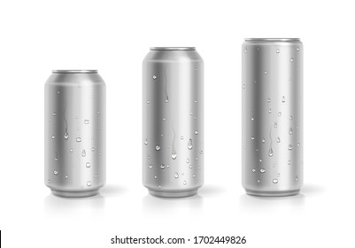 Realistic metallic cans with water condensation, Aluminum bear soda and lemonade cans with water drops vector set