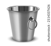 Realistic metallic champagne bucket with ring handle vector illustration. Empty stainless pail for alcohol bottle storage with ice isolated. Anniversary celebration, romantic dinner or date