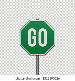 Realistic metallic 'Go' sign. The word Go isolated on transparent background. Vector illustration.