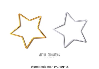 Realistic metallic golden and silver star on white background. Vector illustration. Decoration collection