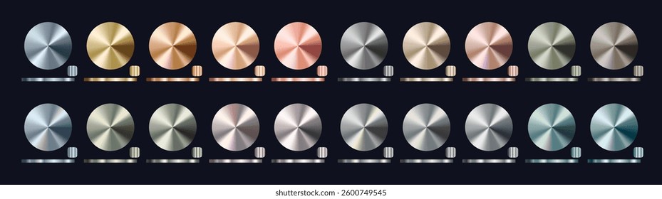 Realistic metallic gradient set with brushed textures in various shades of gold, silver, bronze, steel. Shiny polished surfaces for branding, design, and luxury product visuals. Vector illustration