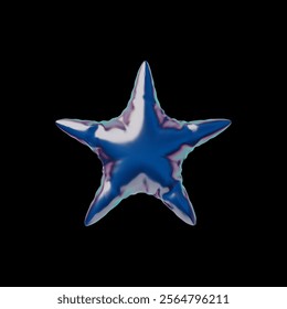 Realistic metallic inflated balloon star 3D plastic style vector icon. Glossy blue foil helium balloon star decoration. Festive volumetric air figure design element isolated on black background