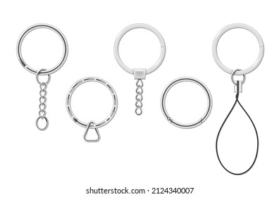 Realistic metallic keychain holders collection vector illustration. Set silver trinket keyring, keyholder, chain and breloque accessory for keys hanging isolated. Steel rounded ring 3d template