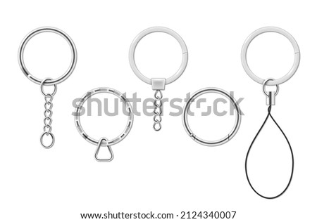 Realistic metallic keychain holders collection vector illustration. Set silver trinket keyring, keyholder, chain and breloque accessory for keys hanging isolated. Steel rounded ring 3d template 商業照片 © 