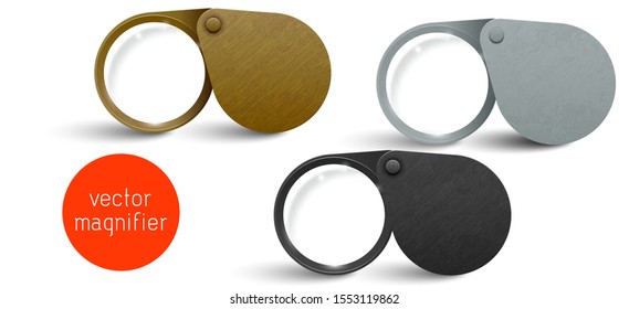 Realistic metallic modern folding magnifier set. Vector magnifying glass lens. Brass, silver and iron tool Isolated On white Background. Optical device research, exploration. Instrument jeweler