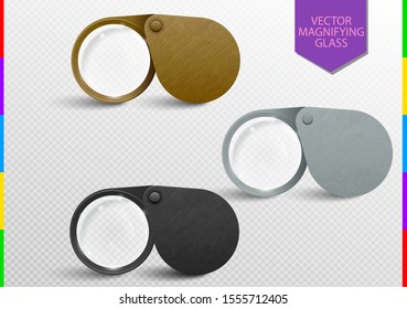 Realistic metallic modern folding magnifier set. Vector magnifying glass lens. Brass, silver and iron tool Isolated On transparent Background. Optical device research, exploration. Instrument jeweler