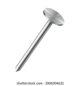 Realistic metallic nail isolated on white background. Iron metal hardware spike with steel pin head, side view isolated on white background. Vector illustration