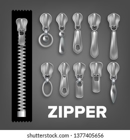 Realistic Metallic And Plastic Fastener Set Vector. Zipper, Fabric Pull And Fastener On Black Background. Garment Components For Bags And Bungee Cord Accessory. Isolated 3d Illustration