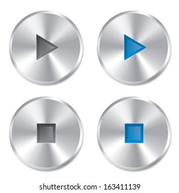Realistic metallic Play and Stop player buttons. Round buttons set. Isolated on white background. Vector illustration.