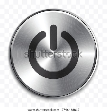 Realistic Metallic Power Button. Silver Steel Chrome Push Knob with Brushed Metal Texture, On and Off Start Switch, Web and App Design Template
