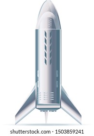 Realistic metallic rocket space ship standing on ground, space transportation technology, quality illustration isolated on white