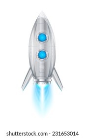 Realistic metallic rocket space ship flying vertical, jet engine with flame, eps10 isolated
