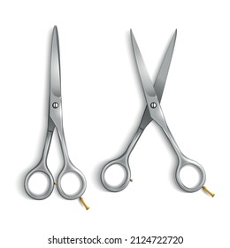 Realistic metallic scissors set of two options in open and closed form on white background isolated vector illustration