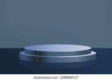 Realistic metallic silver podium for product display. 3D round platform platform. Vector illustration.